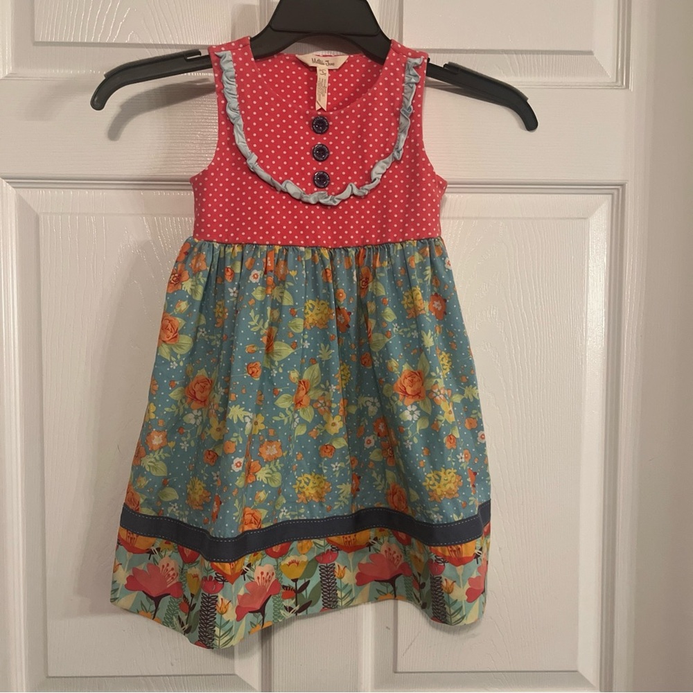 Matilda Jane Coral Polka Bodice with Teal Floral Skirt Dress